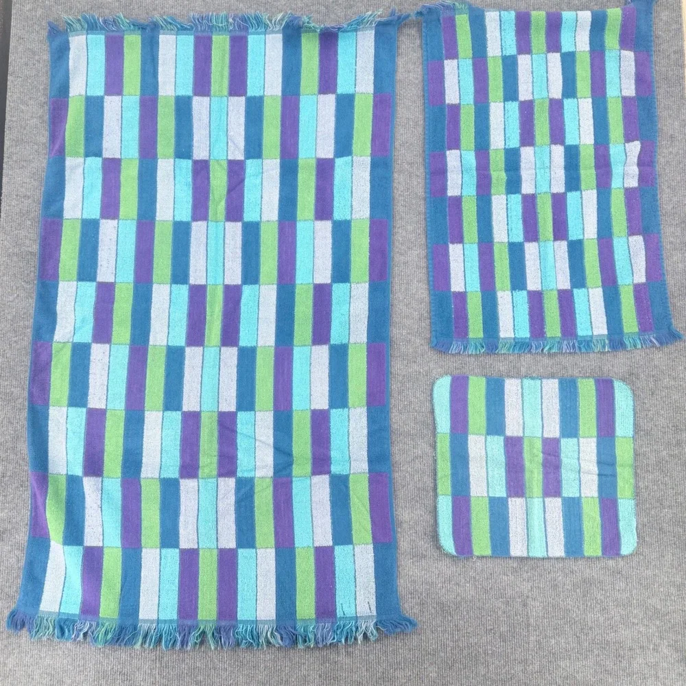 Vintage Sears Drylon 3 Piece Towel Set Blue Purple Green Geometric Fringe MCM